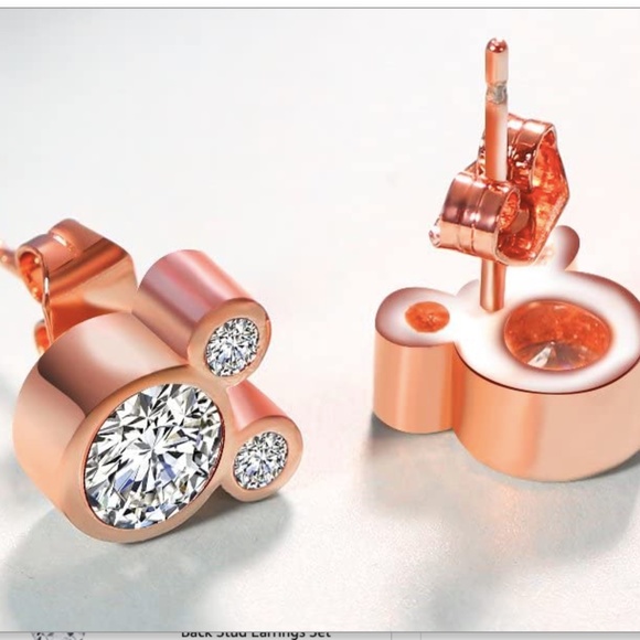 Silver Mickey Mouse Stud Earrings Rose Gold Plated - Picture 2 of 6